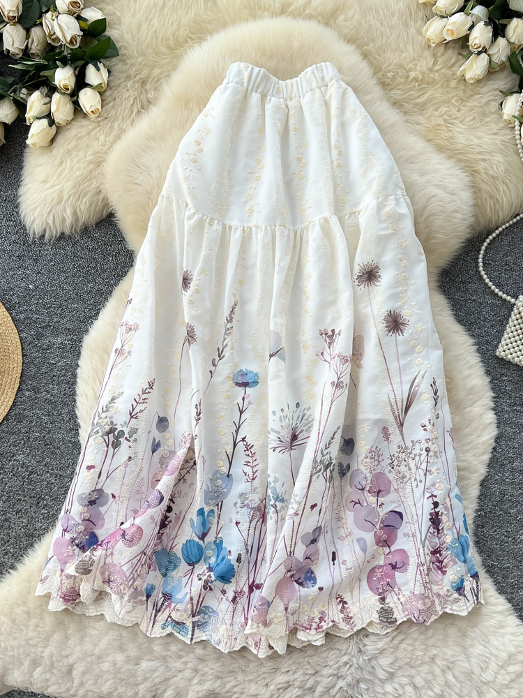 Women's French Sweet Style Floral Print Patchwork A-Line Midi Skirt High Waist Slimming mid Length Summer Fairy like Cake Skirt_ecoleips.com