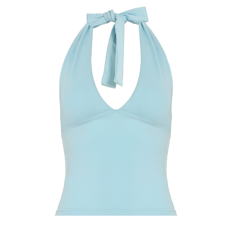 2025 European And American Cross-Border Spring Summer New Halter Neck Lace-Up Sexy Low-Cut Backless Slim Fit Sleeveless_ecoleips.com