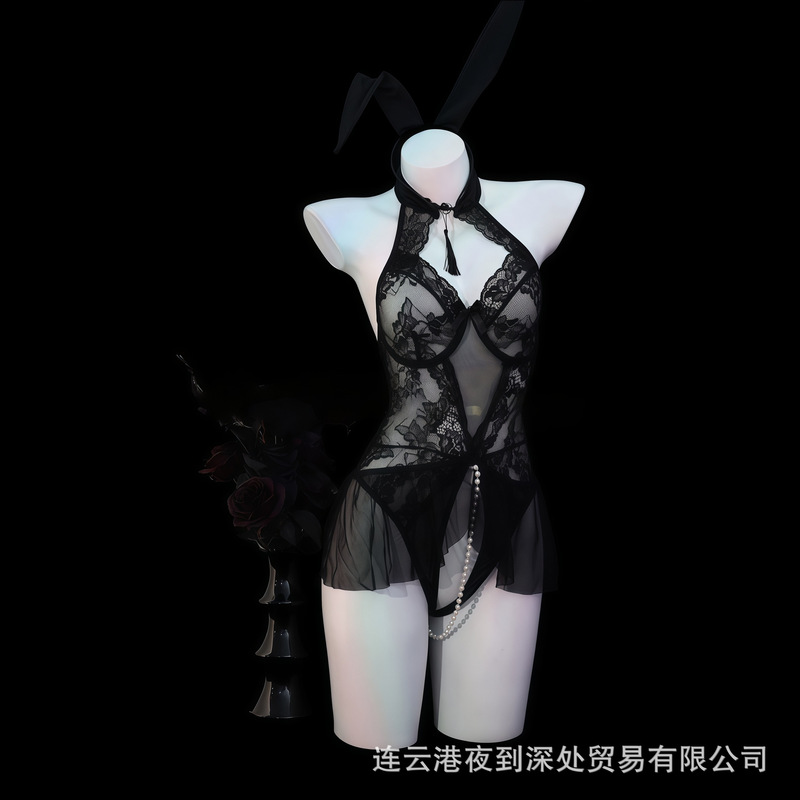 Nighttime Lingerie Sexy Bunny Girl Bodysuit Lace Temptation Open Crotch Beaded Uniform Pajama Set