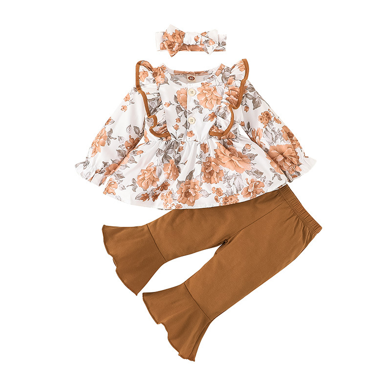 Koreanische version kleines mädchen blume drucken top + hosen + kopftuch drei stück kinder mode bell-bottom-hose set_voghion.com