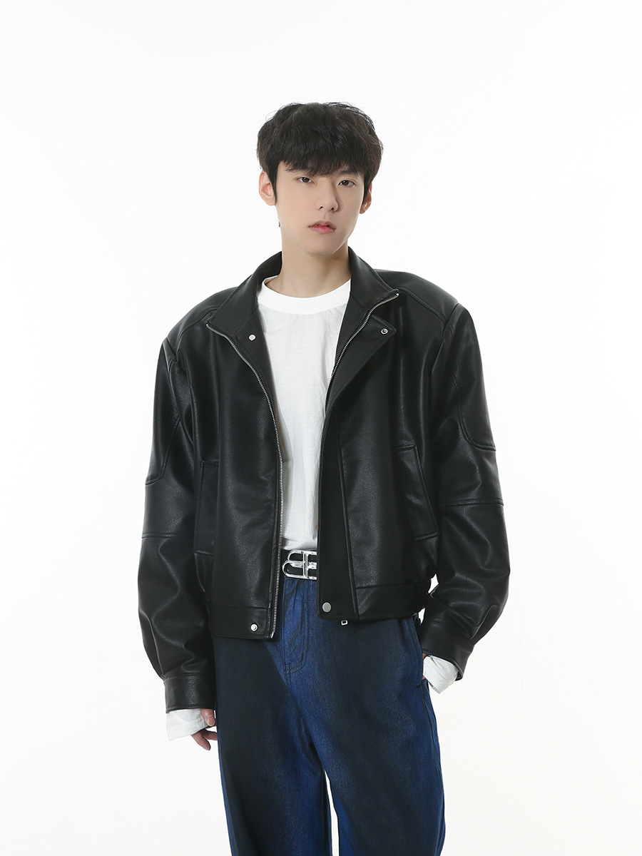 Ropa para hombre MTLCLOTHES | Chaqueta de cuero sencilla, acolchada, estilo retro de Hong Kong, moderna y versátil