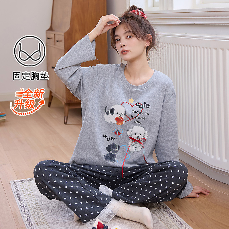 全棉睡衣女带胸垫春秋季长袖卡通可爱风两件套装纯棉韩版家居服冬|undefined