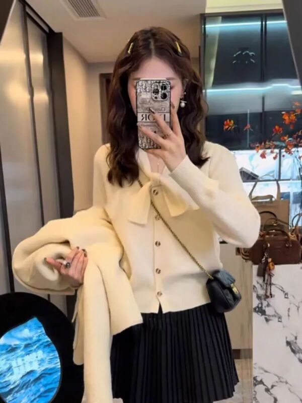 羊绒蝴蝶结小香风针织衫外套温柔风轻奢设计感开衫女秋冬毛衣上衣|undefined