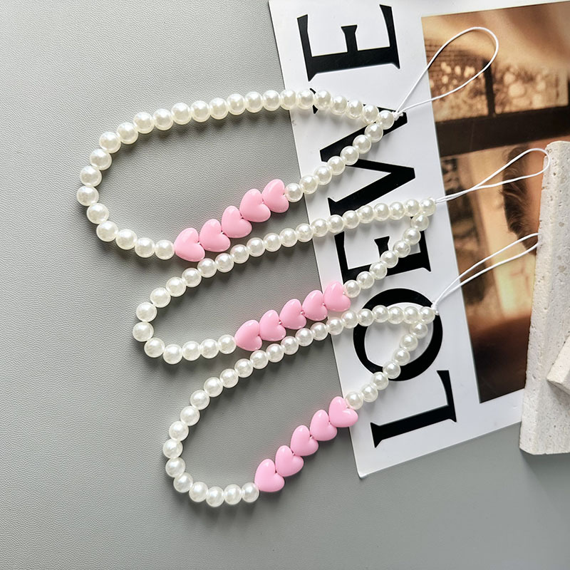 新款跨境热卖草莓珍珠手机链串珠爱心手机防丢挂绳链挂件挂饰批发