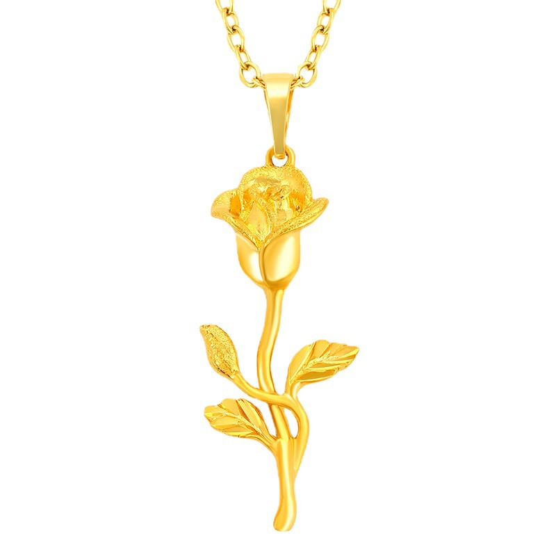 Colgante de rosa en 3D chapado en oro 24K – joyería femenina floral, estilo romántico