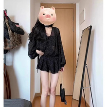 大码黑色波点V领雪纺长袖连衣裙女夏季显瘦法式气质收腰A字短裙子