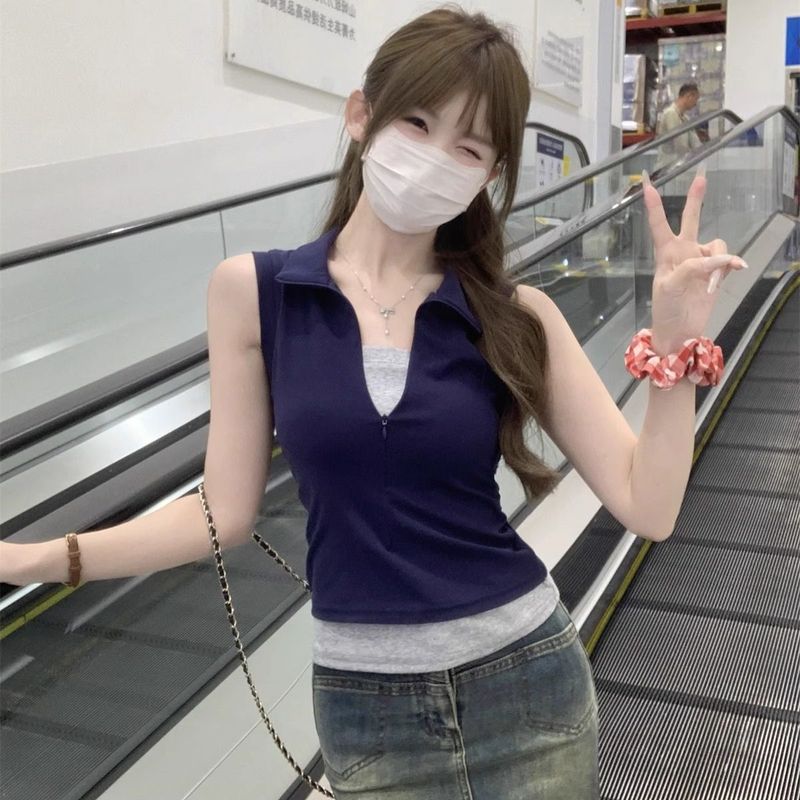 无袖t恤女2025夏季新款爆款翻领假两件设计感掐腰高级感短款上衣|undefined