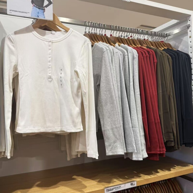 Women's Ribbed Henley Collar T-shirt/Long Sleeve Short Slim Fit Base Layer Top R479591/487908
