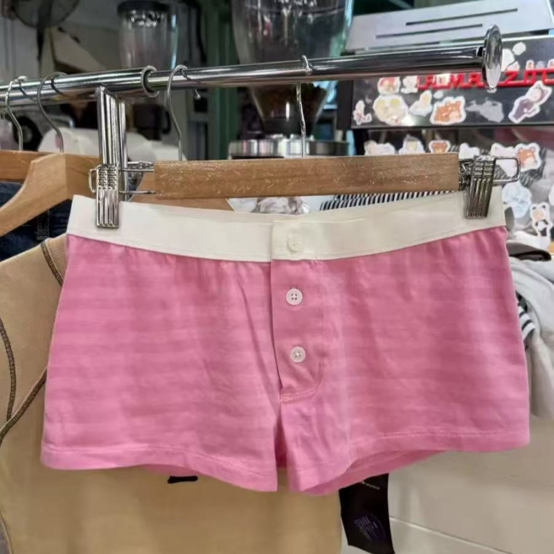 Bm Style New Pink Striped Three-Button Elastic Waist Sweet Shorts for Women, Stretchy High-Waisted Hot Pants, Boxer Shorts