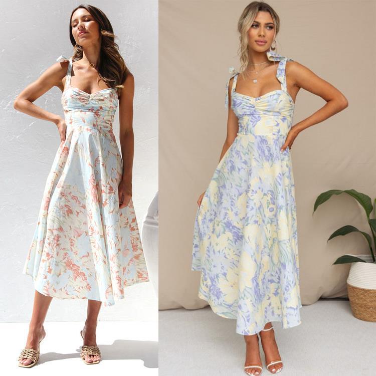 2026 Summer Cross-Border Amazon New Product Slim-Fit Waist-Cinching V-Neck Printed Mid-Length Dress for Women 2026 Summer Cross-Border Amazon New Product Slim-Fit Waist-Cinching V-Neck Printed Mid-Length Dress for Women