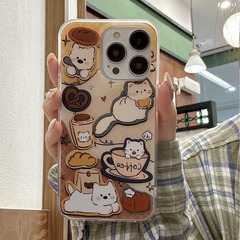 小眾ins咖啡貓咪小狗插畫適用iPhone14斜跨15ProMax手機殼蘋果13P