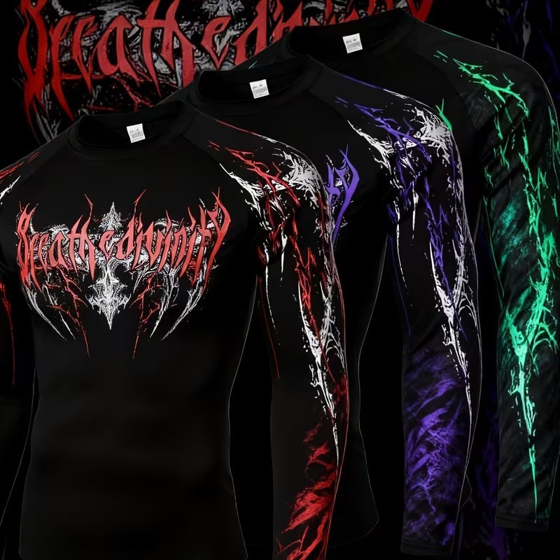 Men's Dark Style Skull And Thorn Print Long Sleeve T-Shirt Tight Fitting Quick Drying Fitness Sportswear American High Street_viptrois.com