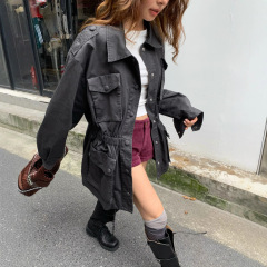 25年早秋款重水洗棉质复古洋气时髦翻领可抽腰工装夹克外套女