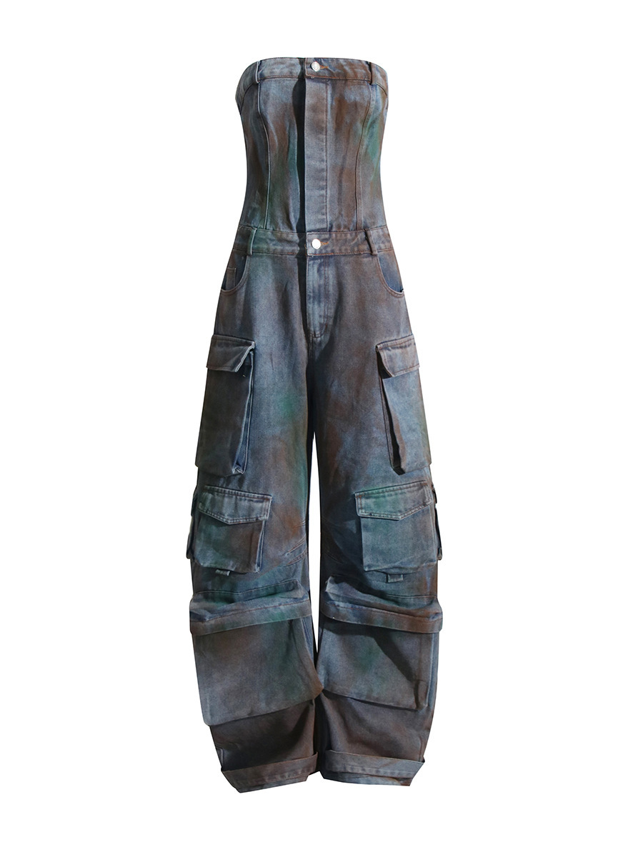 Mono vaquero de mujer estilo europeo y americano, novedad primavera 2026, con múltiples bolsillos, sin tirantes, efecto adelgazante, estilo ropa de trabajo, para mujer, a la moda.