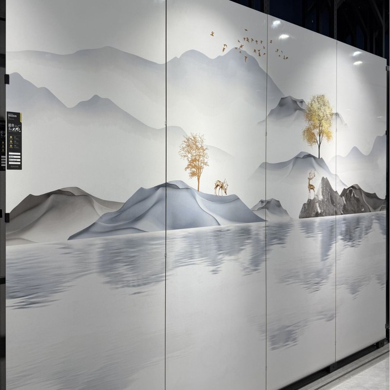 水色の岩板テレビの背景壁800x2600リビングルームの連紋岩の大きい板の映画の壁の山水画|undefined
