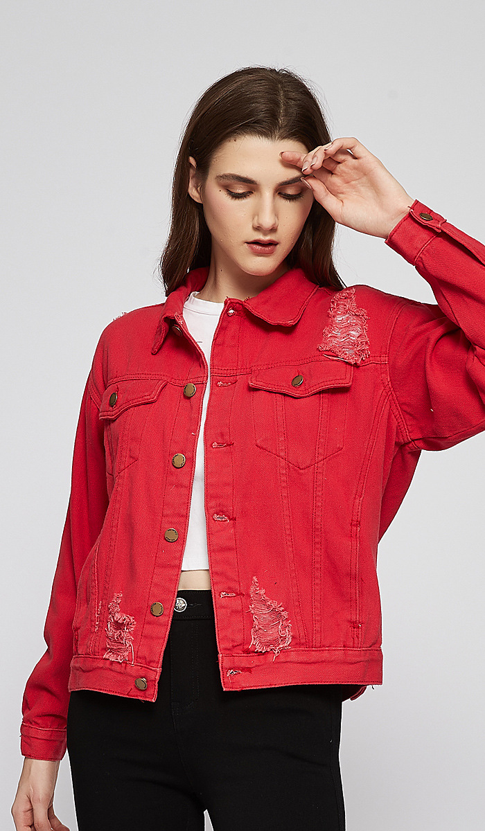 autumn red long-sleeved single-breasted ripped denim jacket nihaostyles wholesale clothing NSSY90694