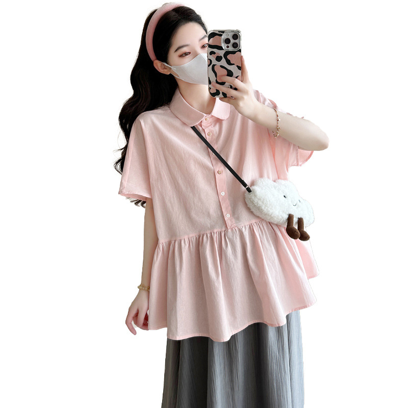 Maternity 2025 Summer New Loose Doll Shirt Short-sleeved Top Casual All-match Grey Skirt Two-piece Set