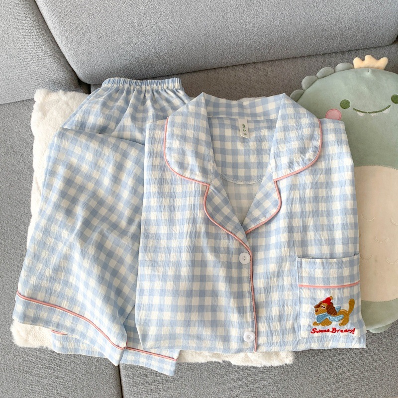 (No chest pad) [Yunduanmian] Dachshund Dog Blue Grid (Long Sleeve + Long Trouser…