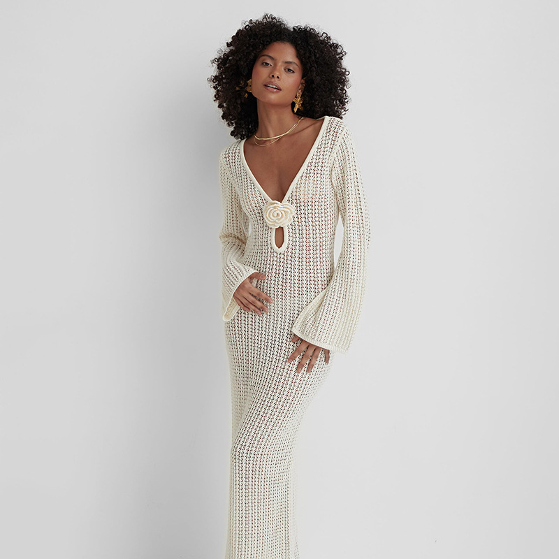 Sexy, Streetwear Style Wholesale Women's Sexy Streetwear Solid Color Holiday Beach V Neck Long Sleeve Sundress