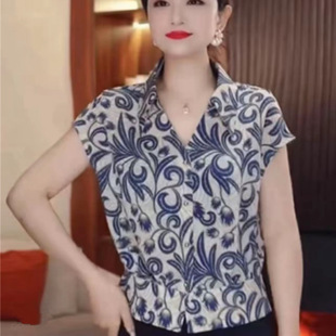 Middle-Aged Mother Summer Printed T-Shirt Shirt 2025 New Style Small Shirt Middle-Aged and Elderly Women's Large Size Tops