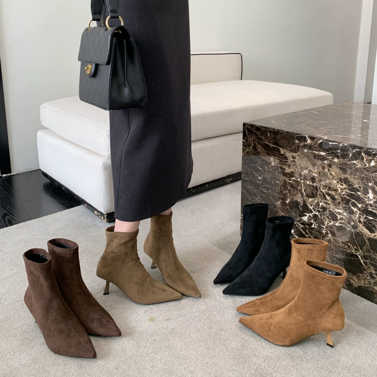 2025秋冬季新款低跟裸靴绒面尖头细跟高跟短靴套筒弹力瘦瘦靴女