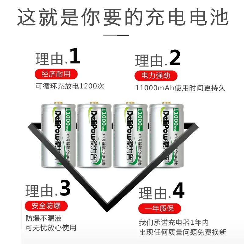 Delipu 1.2V Ni-MH No. 1 rechargeable battery large-capacity water heater/gas stove battery charging set D type