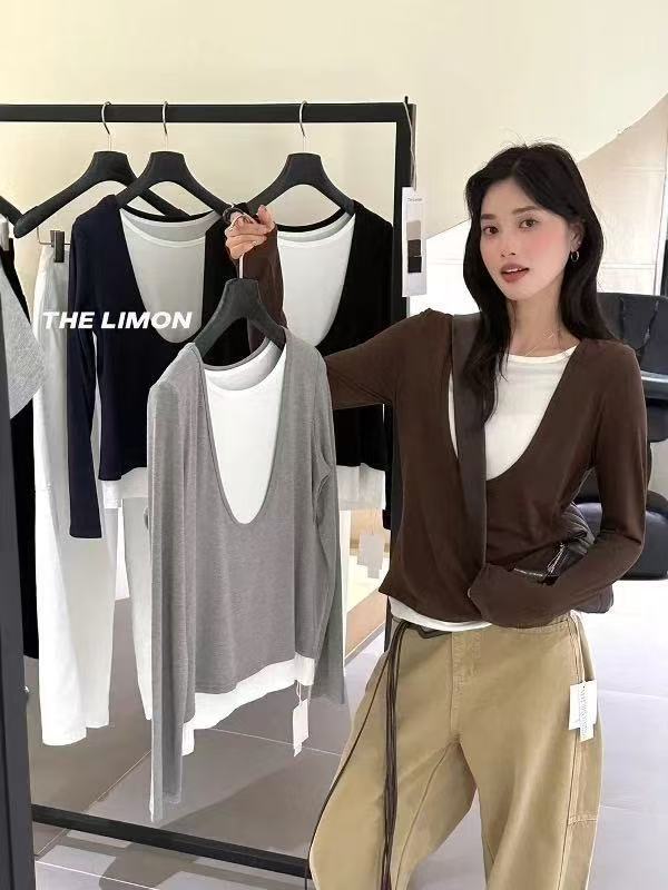 Minimal perezoso viento de color falso dos piezas de camisa de lana de punto para mujeres otoño y invierno nuevo gran cuello en U delgado temperamento chaqueta