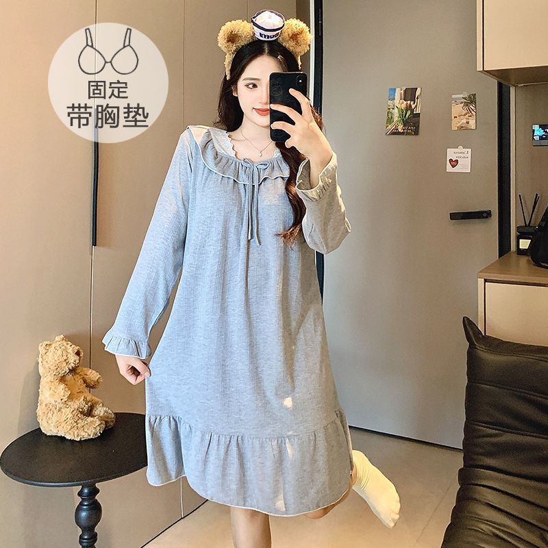 带胸垫睡衣女春秋季新款韩版甜美ins风棉质长袖睡裙家居服可爱穿|undefined