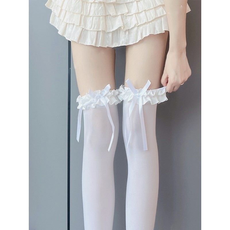 Lolita白色过膝袜子夏季薄款高筒大腿袜纯欲蝴蝶结长筒袜 过膝