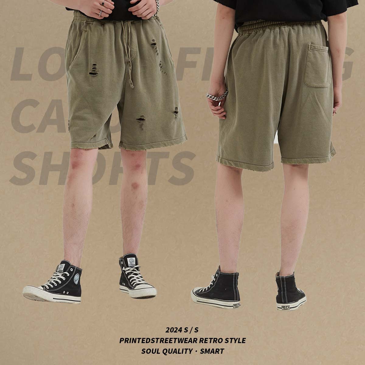 Shorts Casuales Holgados para Hombre de 100% Algodón con Efecto Desgastado