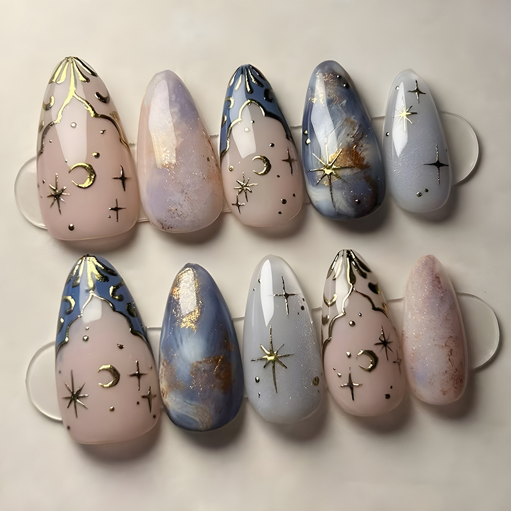 Comercio exterior ojo de gato, oro para vestir un parche de uñas, estrella y luna, un sueño romántico, 24 piezas de parche de uñas terminadas.