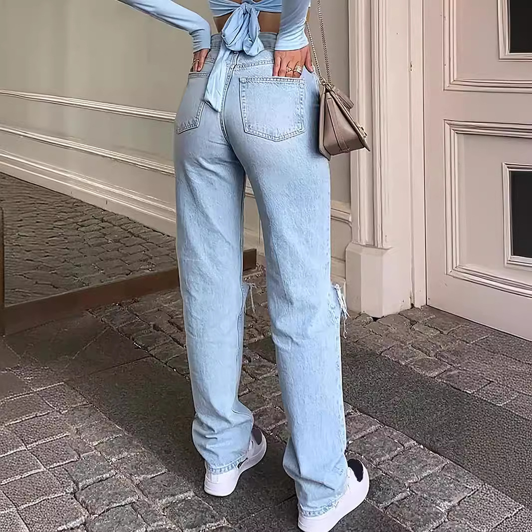 K New Women's Loose Wide Leg Jeans, Ripped Casual Pants_ecoleips.com