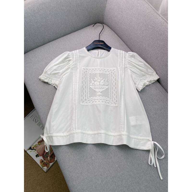 Gentle and Elegant~ Vintage Lace Mesh Embroidered Puff Sleeve Shirt for Women, White Ruffled Edge Tie-Up Top
