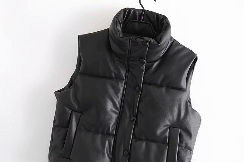 Button Down Stand Collar PU leather Cotton-Padded Vest