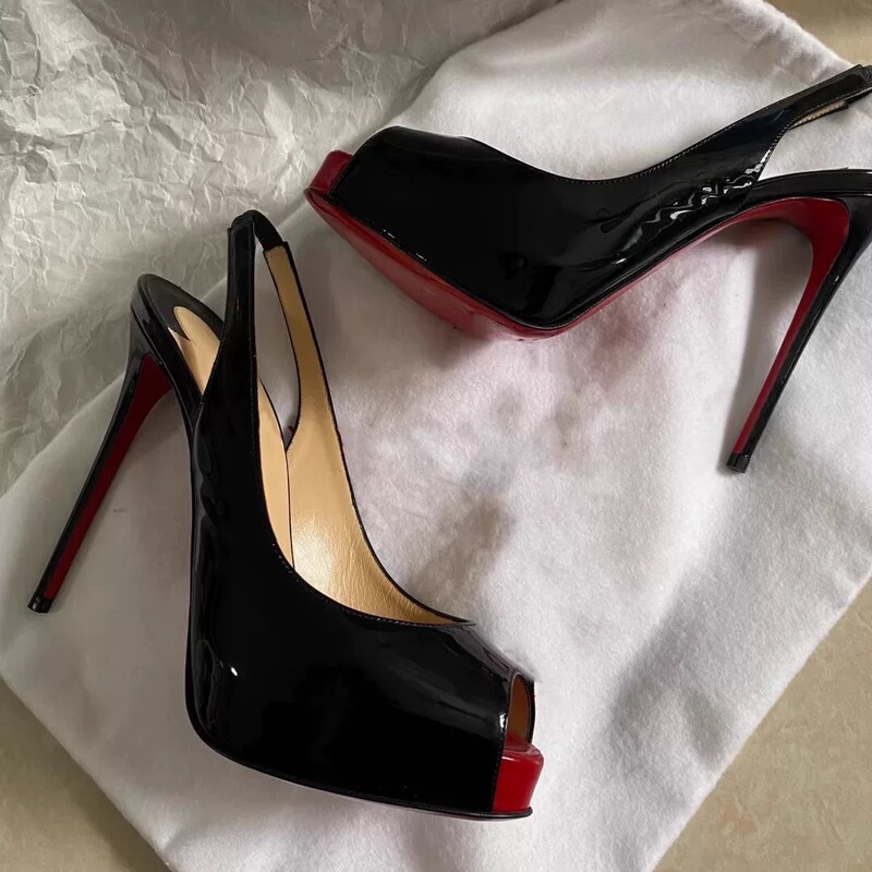Trendy Mature Style Classic Color-Blocked Peep-Toe High Heels with Thin Heels, Thick Platform, Patent Leather, Red Soles, in Stock