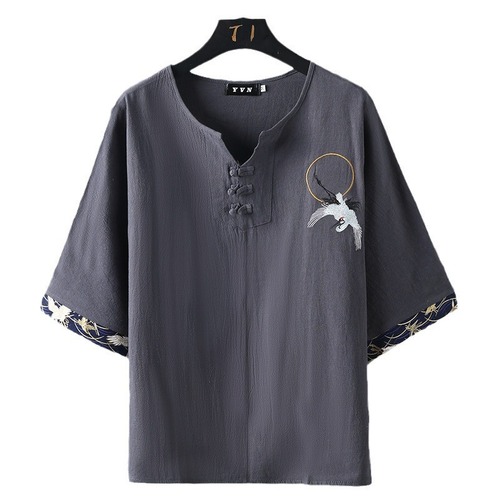Summer Chinese-style Cotton and Linen Short Sleeve T-shirt for Men with Crane Embroidery, Linen Buttonholes, V-neck Top