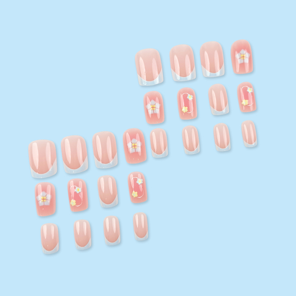 Puntas de uñas con diseño de flor de cinco pétalos con temática de gratitud, pegatinas de uñas estilo francés en azul, juego de 24 piezas de nuevas puntas de uñas reutilizables. image 4