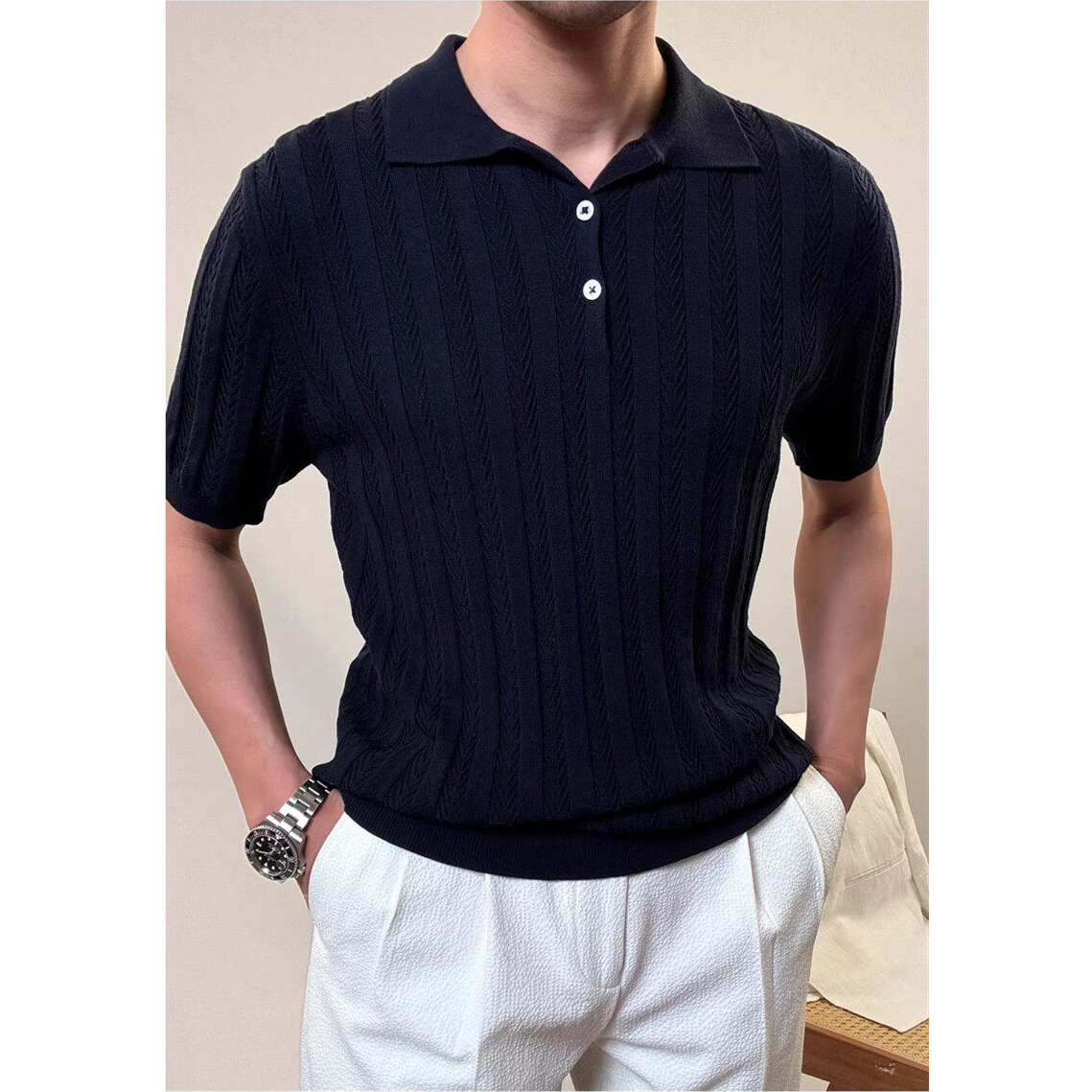 Polo camiseta de punto camiseta de manga corta hombre hueso de pescado estampado antiguo viento delgado camiseta de hielo seda de verano fábrica transfronteriza al por mayor