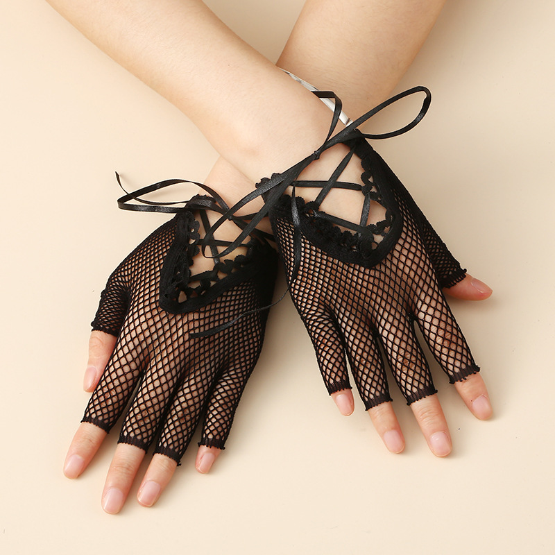 Guantes de red de pesca sexy de mujer corta guantes de medio dedo elásticos negros guantes de juego de rol de ópera