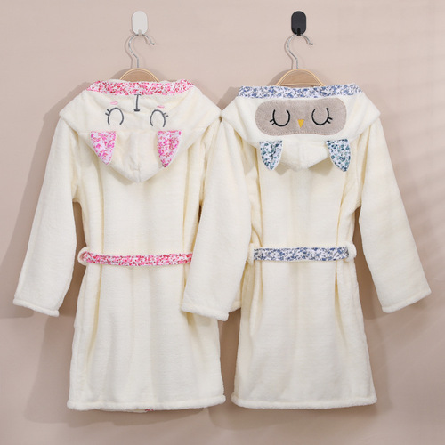 Water-absorbent quick-dry children's bath robe for autumn and winter, suitable for middle-aged children, with hood, bathrobe for boys and girls, thick coral velvet pajama robe