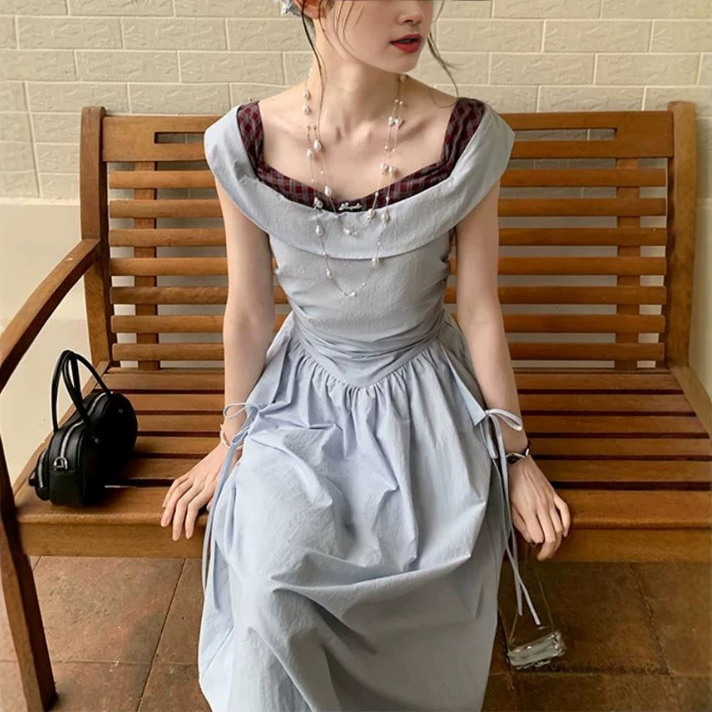 Cheese Day【Clear Sky】Cool and Artistic Vibe, Color-Blocking Neckline Long Dress, Summer Asymmetrical Waist Dress Cheese Day【Clear Sky】Cool and Artistic Vibe, Color-Blocking Neckline Long Dress, Summer Asymmetrical Waist Dress