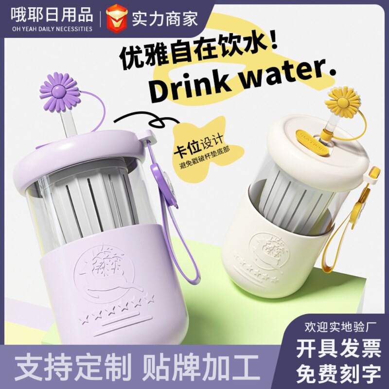 Glass Straw Cup, Cold Brew Cup, High-Looking and Cute, Tea and Water Separation, Handle, Mobile Phone Holder, Gift Cup