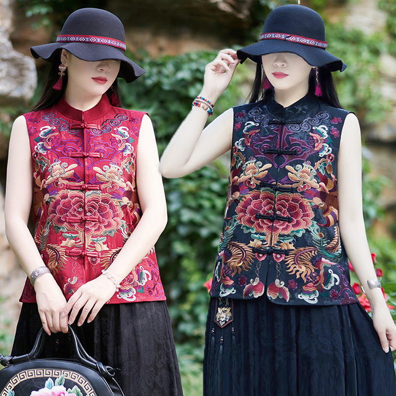 Summer Chinese Style Embroidered Vest Embroidered Phoenix Buckle Cardigan Vest Ethnic Style Women's Short Vertical Collar Waistcoat
