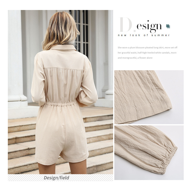 Solid Color Lapel Drawstring Wide-leg Shorts Jumpsuit_voghion.com