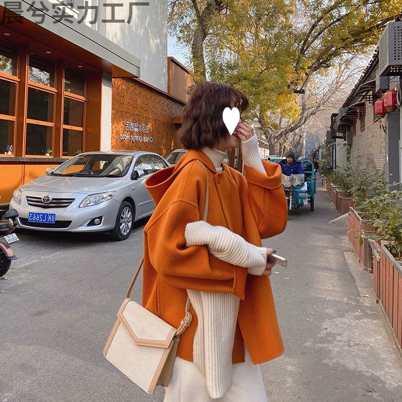 小个子大衣女连帽双面羊绒短款 羊毛学生INS韩式斗篷森系毛呢外套