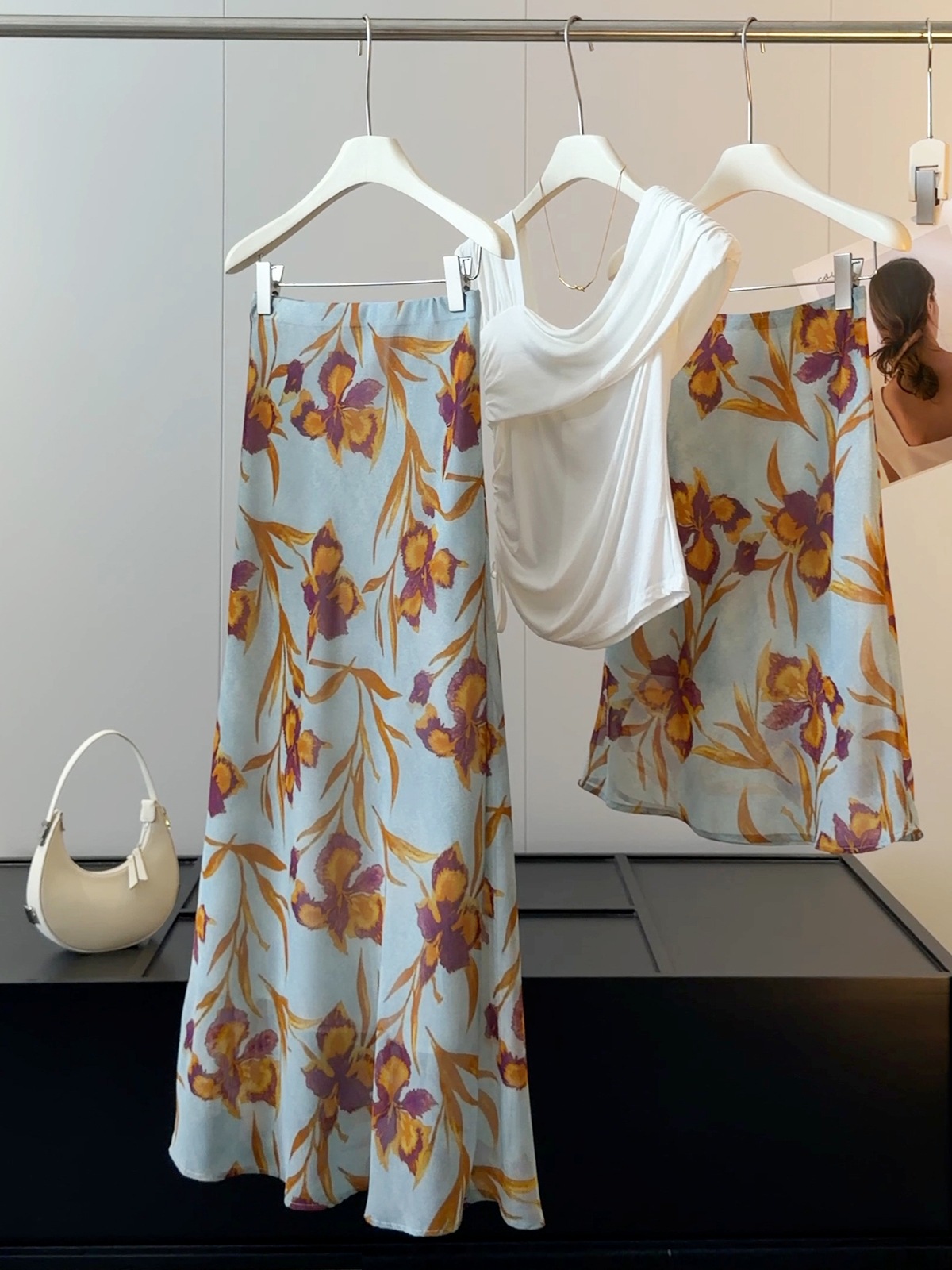 French Iris Floral Print Midi Skirt For Women, High-Waisted Flowy A-Line Chiffon Skirt With Mermaid Hem For Summer_ecoleips.com
