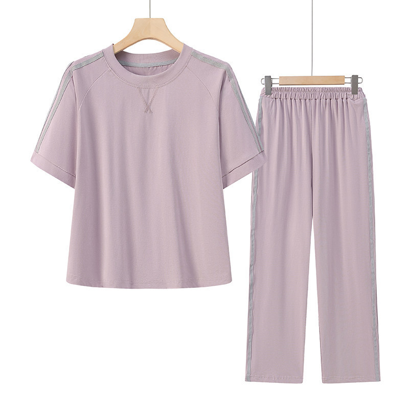 Middle-Aged Mom's Casual Sportswear Set, Round Neck Short-Sleeved T-Shirt, Women's Summer Two-Piece Pantsuit, Running Suit for Women, Summer
