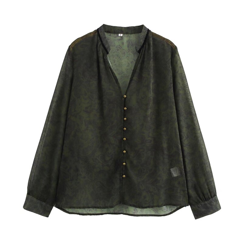 Autumn 2024 Ins Women Long Sleeve Velvet Trim Printed Shirt