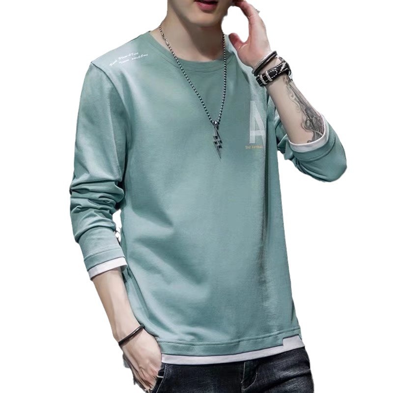 Camiseta de manga larga de primavera y otoño nueva juventud falso de dos piezas Camiseta estilo coreano estudiante camisa de fondo ropa superior de los hombres de moda