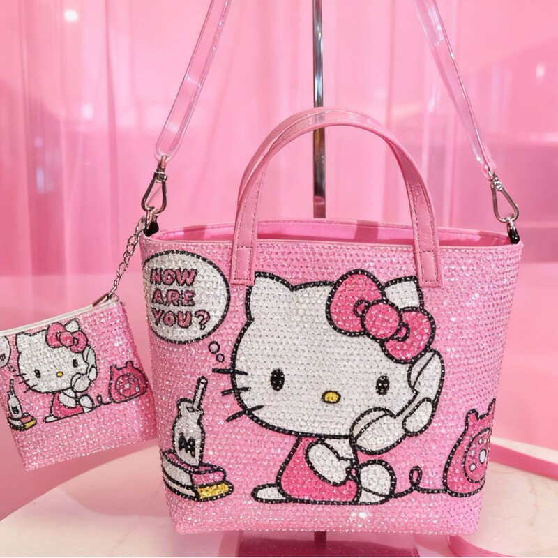 Pink Cute Kitty Canvas Tote Bag with Full Rhinestone Print, Popular Women's Casual Fashion Cartoon Shoulder Bag Pink Cute Kitty Canvas Tote Bag with Full Rhinestone Print, Popular Women's Casual Fashion Cartoon Shoulder Bag